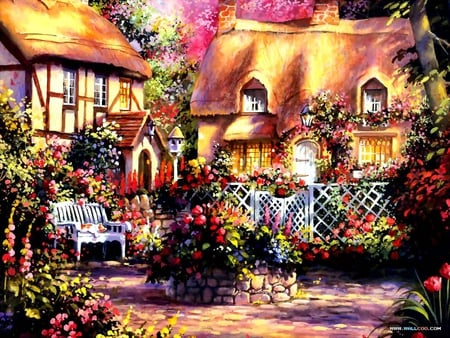 The Cottage Next Door - flowers, painting, chairs, cottages, fence