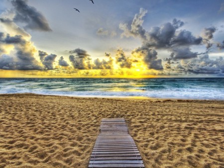 path to the sea - beach, sky, sun, water, wet, sunset, bright, nature, pretty, clouds, blue, sea, sand