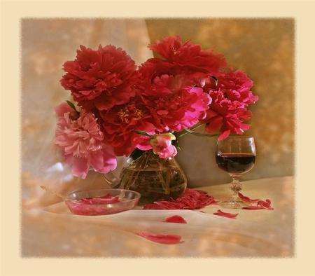 Still Life Cocktails - flowers, vase, wine, glass dish, table cloth, petals, glass