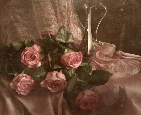 Still Life Pink - silky, pewter pitcher, cloth, pink roses