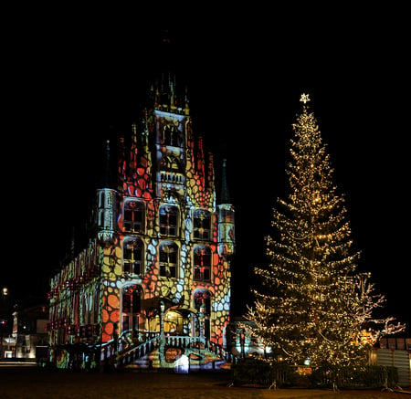 Townhall Gouda Holland - christmas tree, light effects, dark, medieval, townhall