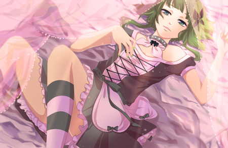 Gumi - pretty, anime, vocaloid, dress, pink, blue eyes, skirt, beautiful, hot, girl, thighhighs, beauty, gumi, green, cute, sexy, vocaloids