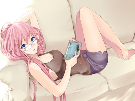 Megurine Luka - beauty, hot, glasses, book, couch, pretty, megurine luka, anime, cute, megurine, luka, sexy, pink hair, vocaloids, pink, vocaloid, beautiful