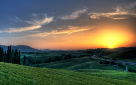 the sunset - sky, trees, hills, sunset, mountains, grass