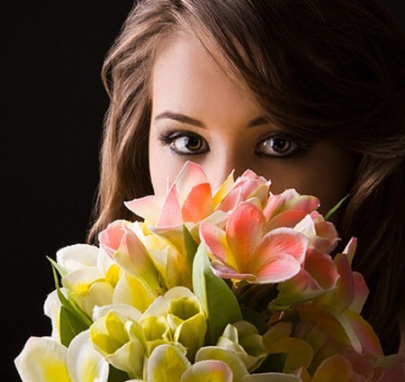 Flower Girl - yellow, eyes, love, pink, smell, gentle, hair, leaves, flowers, lilly, white, bright, woman, soft