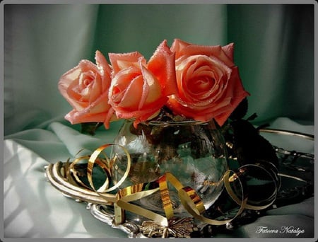 Lovely roses - roses, vasem ribbon, coral, bowl, beautiful, gold, glass