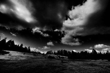 Dark Mountain - clouds, black, white, nature, overcast, night, forest, mountain