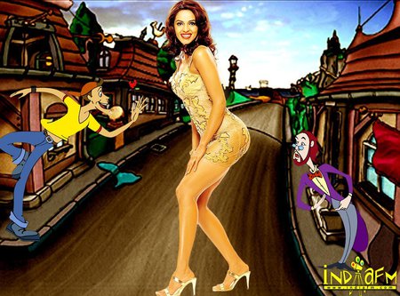 Mallika Sherawat - india, redhead, stilettos, bollywood, cartoon, beautiful, gown, gold