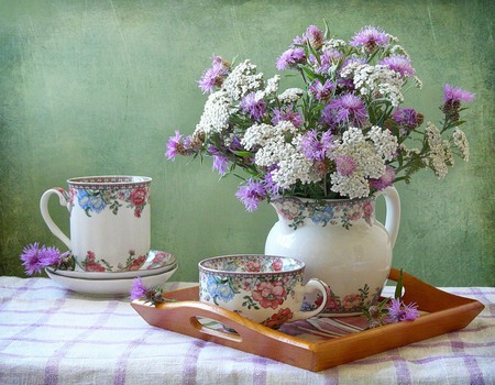 still life - nice, saucers, photography, bouquet, florals, elegant, still life, spring, tray, wood, cloth, cool, table, harmony, drink, coffee, fresh, cups, tea, gentle, vase, cup, cut, pitcher, colours, beautiful, sweet, flowers, photo, porcelain, flower