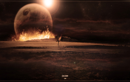 Collision - planets, dark, burn, ball, fire, disaster, earth