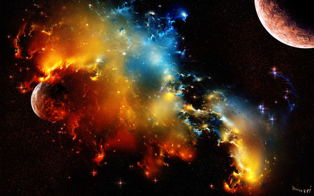 Planets and Space - moon, stars, colours, yellow, red, blue, fire, collision