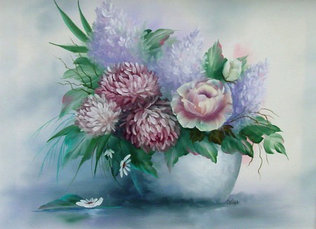 Spring Fresh - lilacs, roses, petals, arrangement, pinks, mums, vase