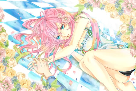 Megurine Luka - anime, vocaloid, blue, pink, luka, flowers, sad, pink hair, blue eyes, hot, megurine, thighhighs, cool, love, colorful, megurine luka, sexy, vocaloids