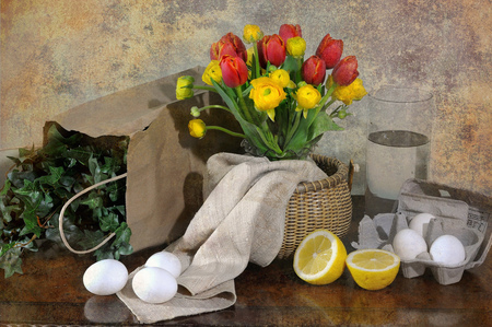 Tulips and eggs - eggs, tulips, lemons, colours