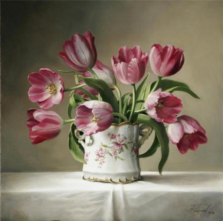 Beautiful Eyes - wine, tulips, white, variegated, painting, china vase, table cloth, pink