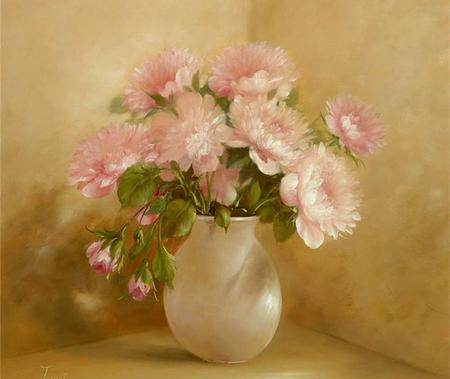 Happy Life - vase, happiness, painting, bouquet, pink, peonies