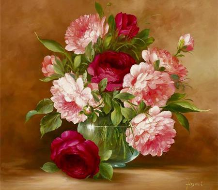 Love & Happiness - vase, roses, love, pink, togetherness, peonies, happiness, red, painting, glass