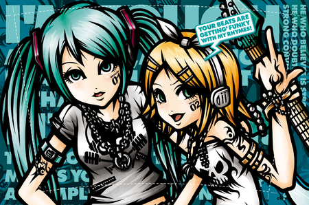 Hatsune Miku & Kagamine Rin - yellow, blue, kagamine, twintail, hatsune miku, cool, guitar, rin, kagamine rin, headphones, miku, awesome, blue hair, hatsune, yellow hair, headset