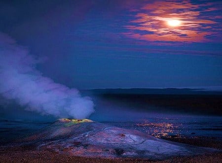 While we sleep - volcano, ocean, night, shore, reflection, clouds, smoke, moon, mountain