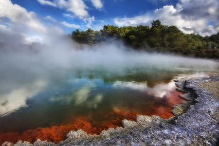 Mists on the bay - morning, beach, blue cloudy sky, trees, mists, water, bay, rocks