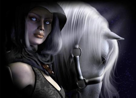 Her white horse - cg, abstract, fantasy, warrior, lady, beautiful, 3d, horse