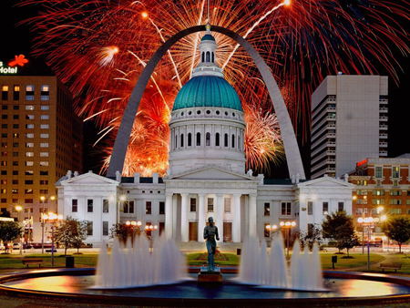 Missouri - blue, beautiful, road, city, night, buildings, architecture, missouri, lights, skyscrapers, houses, sky