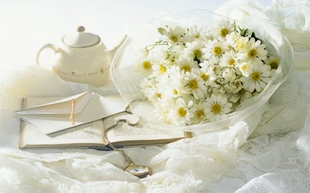 Daisies - pretty, timepiece, book, letters, new day, clock, linen, flowers, daisies, tea pot, clocks, good morning, seasons, nice, delicate, letter, sunshine, beauty, watches, tea time, still life, bouquet, envelope, white, nature, brightness, warmth, company, daisy, books, sunny day, beautiful, photography, tea, morning, lovely, harmony, tulle, camomile, time, soft, vintage