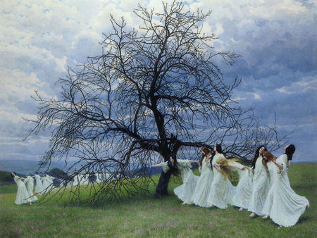 A Song Of Spring - white, women, painting, sky, art, dresses, tree, dancing