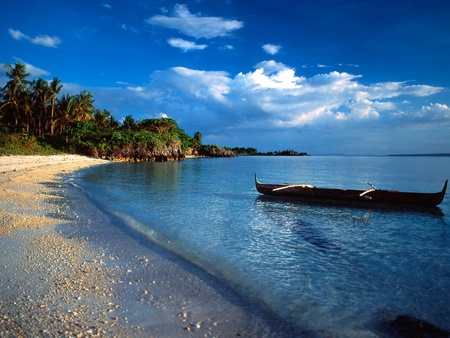 perfect - water, boat, beach, ocean, blue, sand, sky, clouds, wet, nature