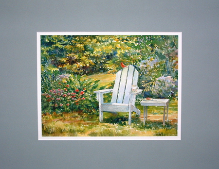 My Favourite Spot - serene, peace, cup, chair, tranqulity, cardinal, table, flowers, garden