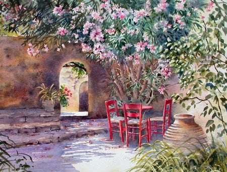 My Own Little Peace Of The World - trees, calming, pots, blooms, table, chairs, flowers, garden