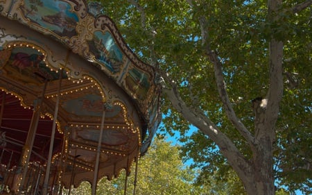 Memories - amusement, carousel, trees, beautiful, park, architecture