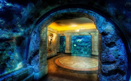 underwater house - pretty, blue, water, wet, cave, fantasy, cg