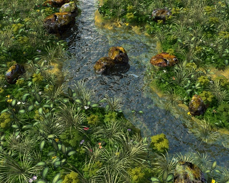 babbling brook thru rocks - babbling, green, brook, grass, rocks