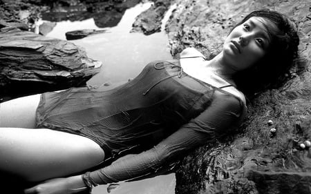 Despair - beach, people, girl, sad, black, model, rocks, white, sand