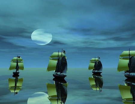 Moon sails - reflection, four, moon, sailboats, ocean, night, blue