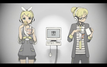 Kagamine Rin & Kagamine Len - pretty, tie, anime, vocaloid, yellow, food, kagamine len, rin, kagamine rin, yellow hair, nice, len, blue eyes, kagamine, beautiful, beauty, cool, awesome, computer, cute, vocaloids