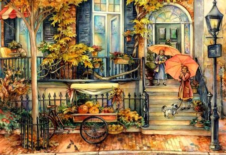 Autumn Stroll - house, trees, pumpkins, lanterns, fence, autumn, painting, sidewalk, art, umbrellas