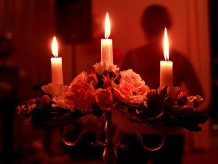 Romantic - candelabra, roses, flames, candles, flowers