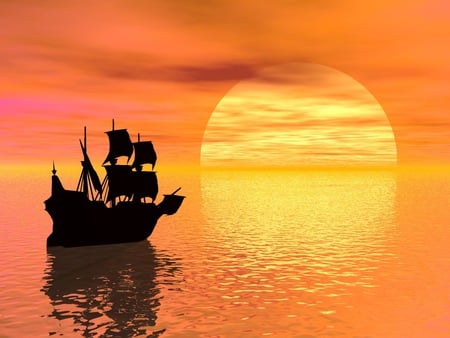 Sampan Sunset - glow, yellow, boat, evening, orient, orange, asia, pink