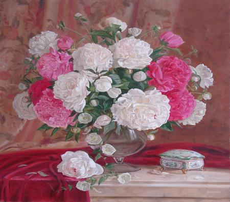 Peonies - fushia, vase, cloth, table, pink, peonies, flowers, white, red, painting, marble, glass