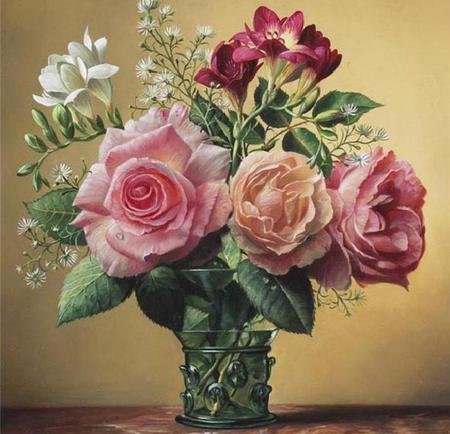 Classic Beauty - painting, love, roses, table, romance, classic, bouquet, vase