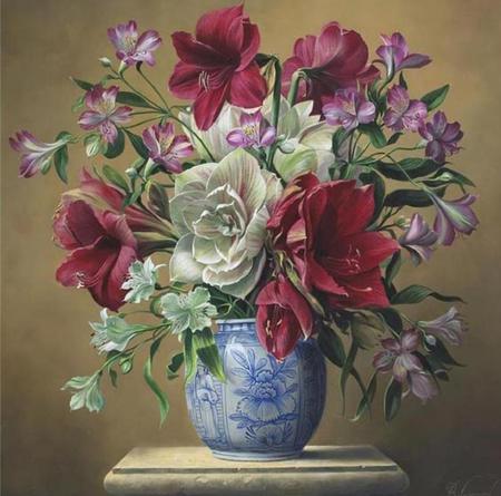 Radiant Beauty - deep red, flowers, amaryllis, blue vase, arrangement, painting, table, marble