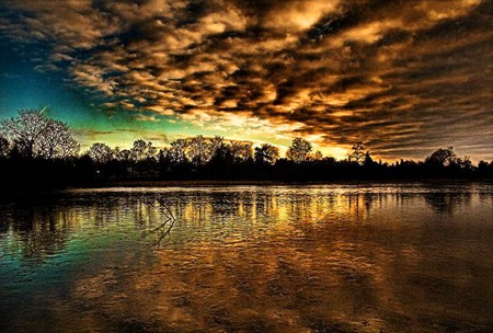 Soon the storm - reflections, clouds, trees, storm coming, water, blue green sky, dark