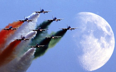 redwhiteandblue - moon, airplanes, blue, planes, white, aricraft, red, smoke, sky