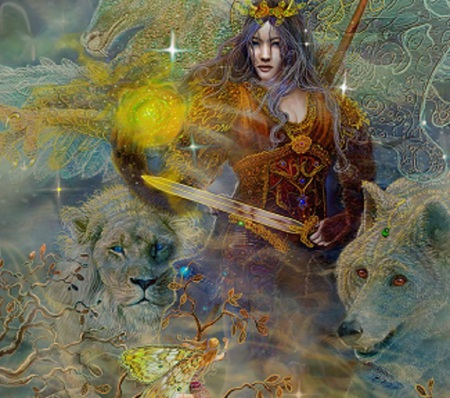 Spiritual Defender - abstract, yellow, blue, wolf, spiritual, sword, love, woman, fairy, lion, art