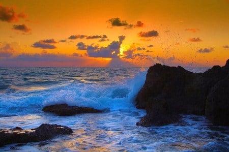 On the shore - shore, sunset, cloudssplash, blue, golden sky, wave, rocks