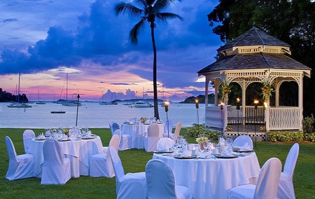 Set to wed - wedding, beach, china, palm tree, chairs, beachside, plates, gazebo, settings, tables, ship, lanterns, beautiful, flowers, boat