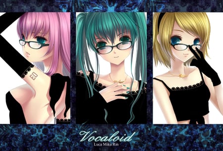 Hatsune Miku, Megurine Luka, & Kagamine Rin - anime, vocaloid, twintail, hatsune miku, luka, rin, kagamine rin, blue hair, yellow hair, nice, pink hair, blue eyes, kagamine, hot, megurine, cool, black, white, glasses, miku, awesome, megurine luka, hatsune, sexy, vocaloids