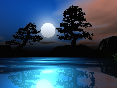 BANSI TREES - clouds, moon, trees, water, blue, night, reflection, sky